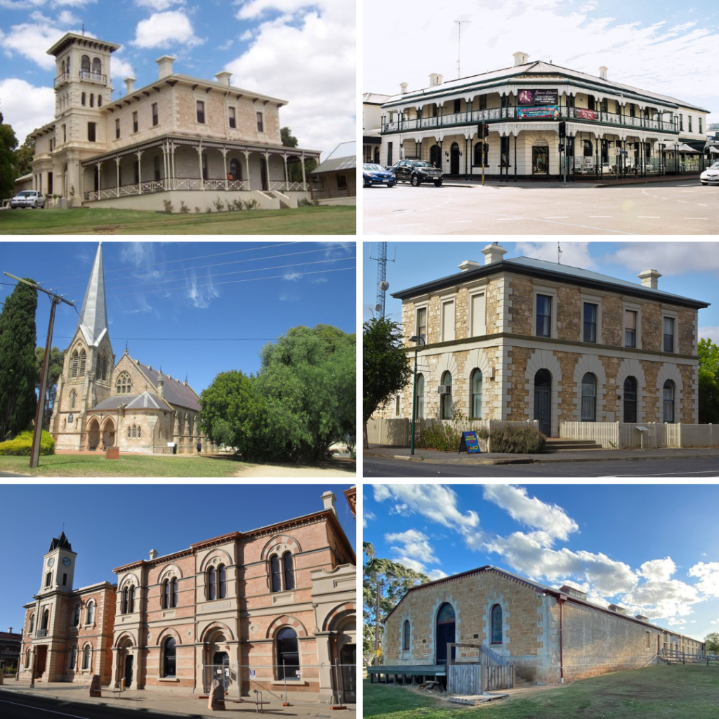 Figure 3: These are some of the buildings designed by William Gore. Clockwise from top right: Mount Gambier Hotel; Penola National Bank; Glencoe Woolshed; Mount Gambier Institute; St. Andrew's Presbyterian Church, Naracoorte; and Struan House, near Naracoorte. Sources: southaustralia.com, Flickr, National Trust SA, Cinema Treasures, Churches Australia, and ABC Local.