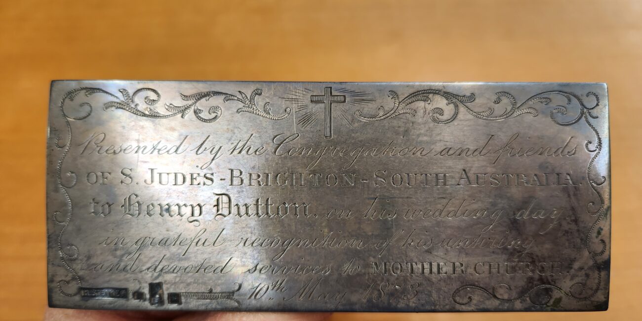 The silver plaque presented by St. Jude's Church to Henry Dutton on his wedding day. Source: SLSA PRG 396/176/5. With permission from the Dutton family.