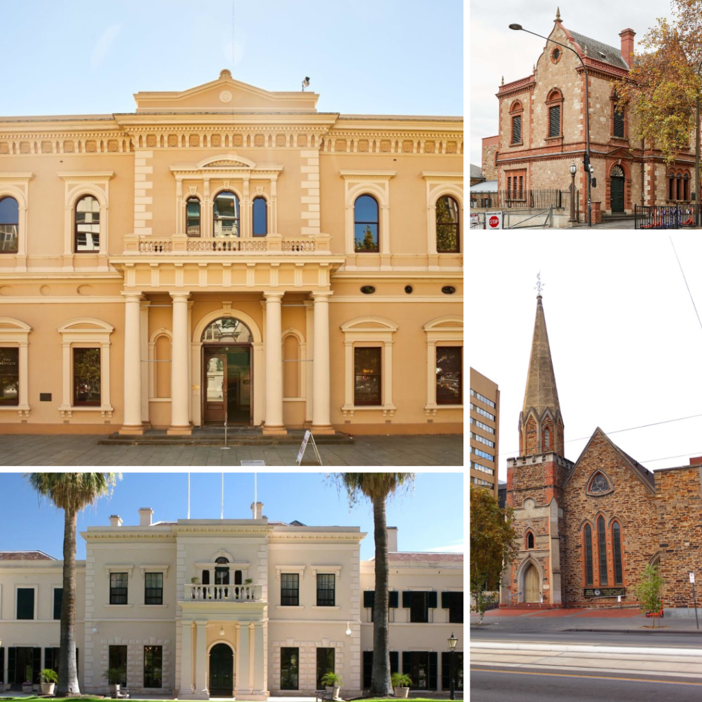 3: Major Adelaide buildings constructed by English & Brown. Clockwise from top left: The South Australian Institute Building, Old Parliament House, Scots Church, and Government House. Source: Explore Adelaide, and Google Photos.