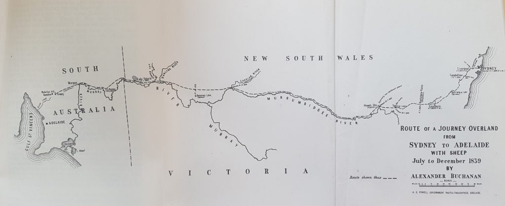 Figure 4: Map of Alexander Buchanan's expedition from Sydney to Adelaide, 1839. Source: Proc. of RGSSA, 1923, p. 60-1.