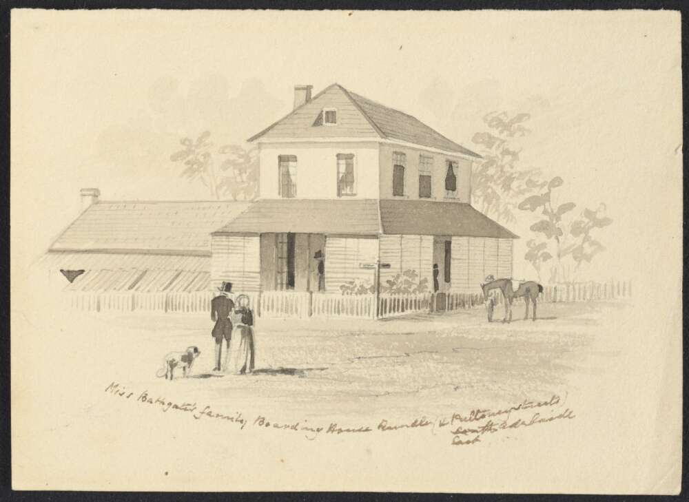 Figure 6: Miss Bathgate's boarding house, Rundle Street, 1842. Painted by S.T. Gill. Source: NLA 134361933